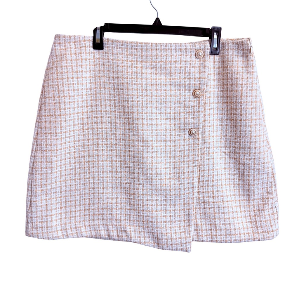 Marc New York Andrew Marc Tan White Tweed Plaid Pearl Button Mini Skirt 16